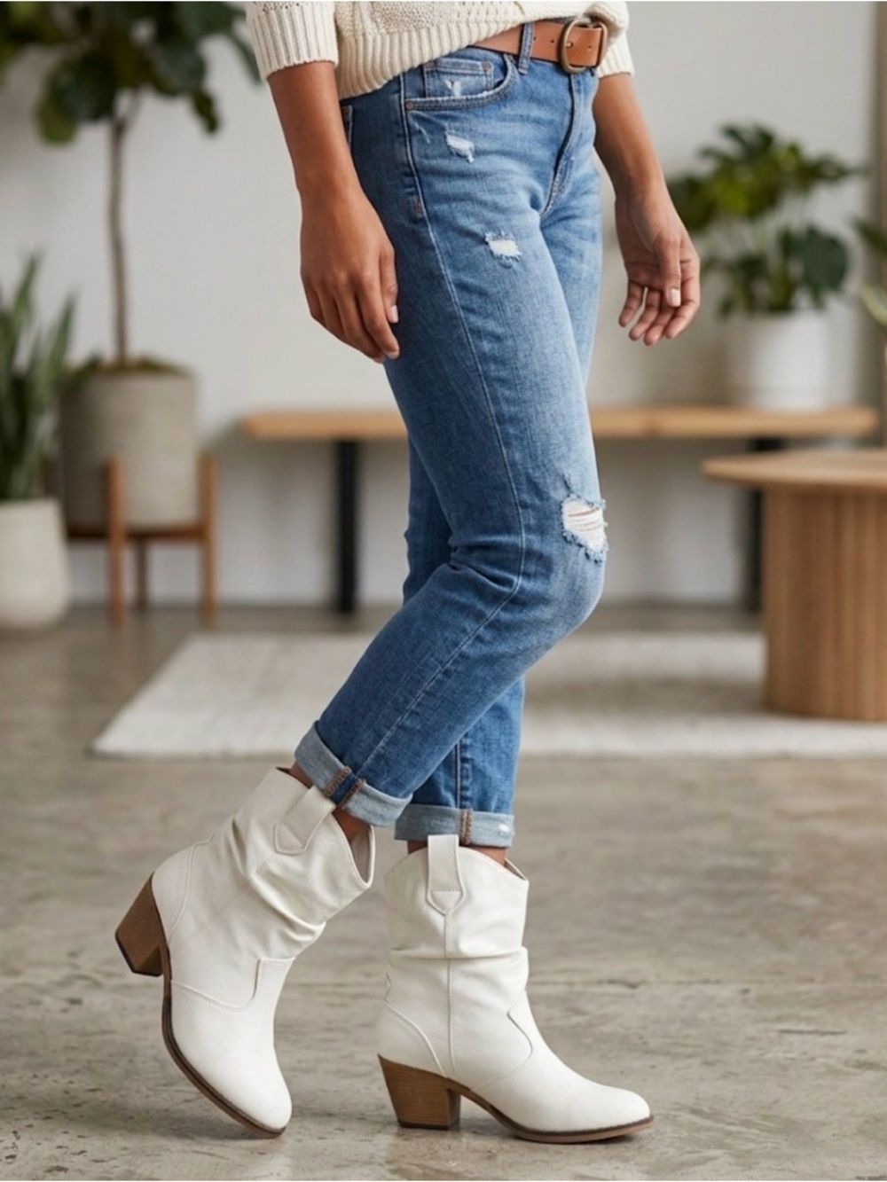 Charles Albert White Faux-Leather Western Ankle Booties